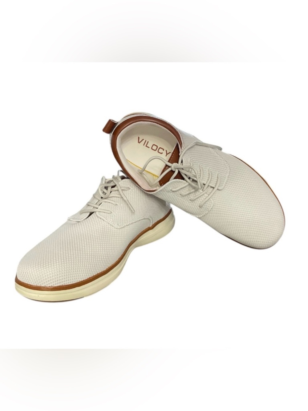 Men’s White Knit Sneakers with Brown Trim